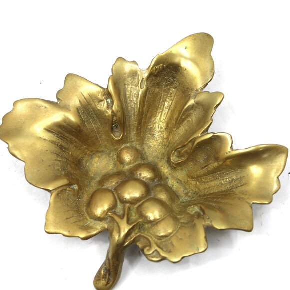 Vintage MCM Solid Brass Grapes & Leaf Trinket Dish - Lot of 2 - Picture 2 of 6